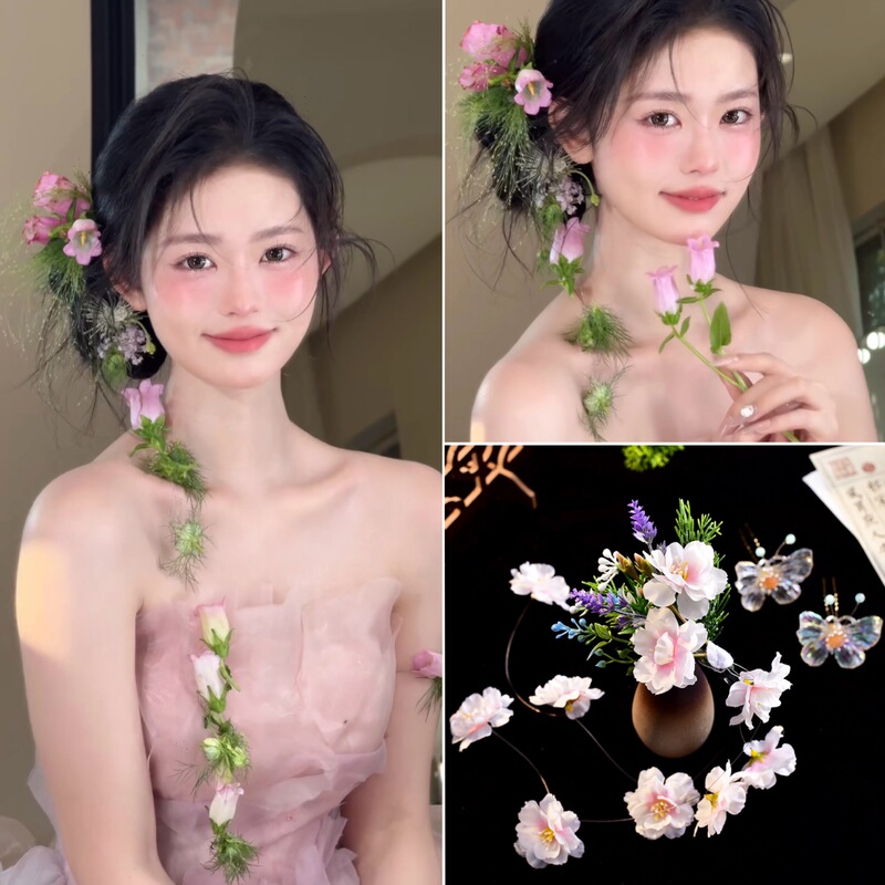 Mori Flower Clip Pink Bridal Headwear Simulation Fresh Green Grass Style Long Hair Accessories Wedding Makeup Accessories