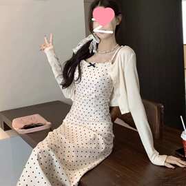 韩系气质花边领波点吊带连衣裙女夏季2025新款百搭单排扣开衫套装