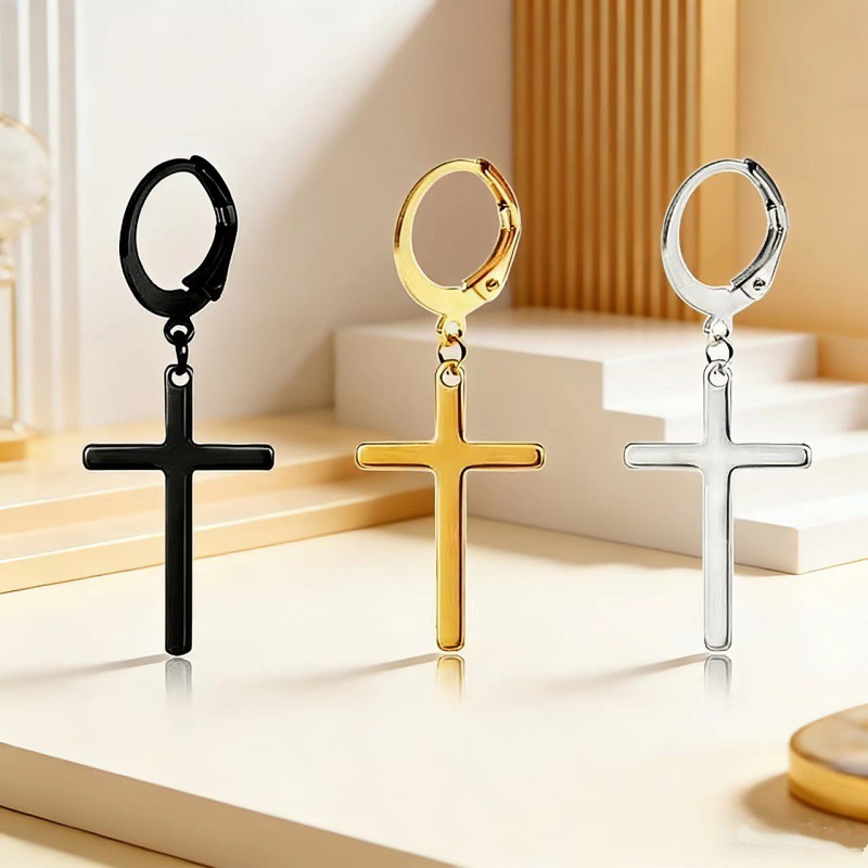 Cross-Border Stainless Steel Earrings, Korean Style Simple Ear Clips, Classic Personalized Cross-Shaped Electroplated Men's Earrings, Wholesale in Stock