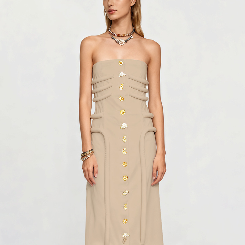 Elegant and Sexy Dress 2026 New Style Sleeveless Strapless Design with Unique Buttons, Slim Fit, Mid-Length Dress
