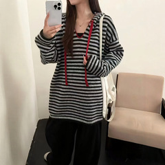 休闲减龄条纹连帽针织衫套头上衣女2025秋冬新款慵懒风中长款毛衣