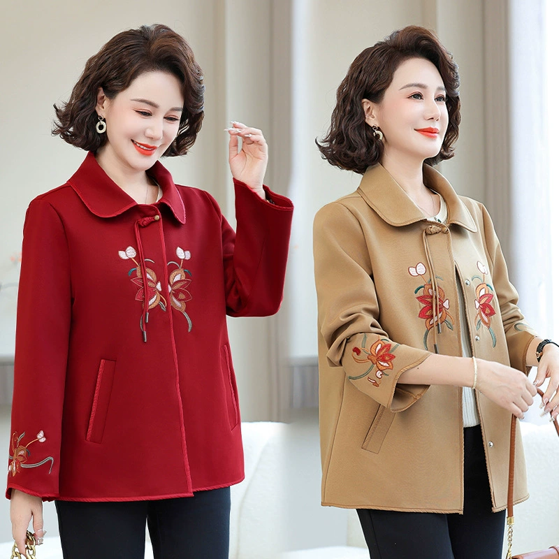 Иностранная куртка топ 2025 новый плащ большого размера короткий весенний и осенний вышитый женский средний и пожилой мама осенний пальто