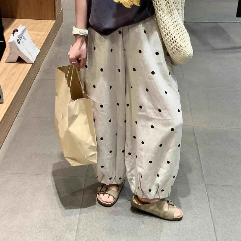 Highly Recommended! Japanese-Style Tencel Linen Polka Dot Lantern Pants for Women, High-Waisted, Loose, Cuffed, Floral, Cropped Pants for Summer