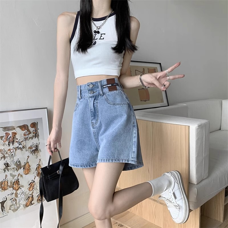 High Waist Denim Shorts Women's Summer Thin Hot Selling Hot plus size chubby girl Slimming Small A- shaped Wide-leg Hot Pants