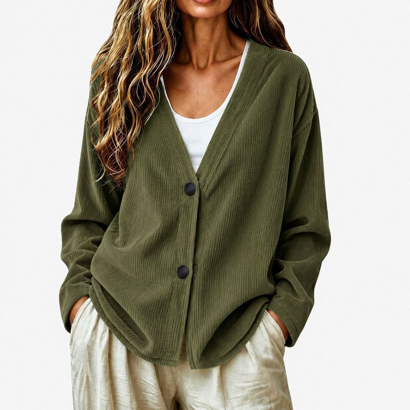 European and American autumn corduroy V-neck cardigan for women, loose fit, two-button, solid color, long-sleeved, casual, with pockets, corduroy jacket European and American autumn corduroy V-neck cardigan for women, loose fit, two-button, solid color, long-sleeved, casual, with pockets, corduroy jacket