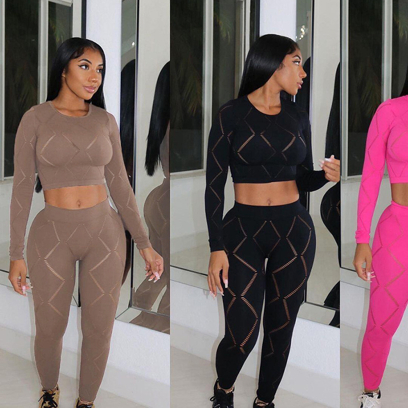 Long Sleeve Sleeve Length Daily Street Women's Casual Sexy Solid Color Polyester Hollow Out Pant Co-ord Set Pants Sets