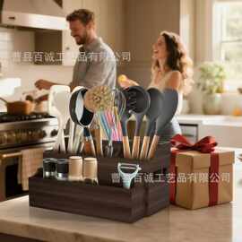 跨境木质刀叉餐具收纳架锅铲放置架分格调料瓶厨具烹饪工具分类盒