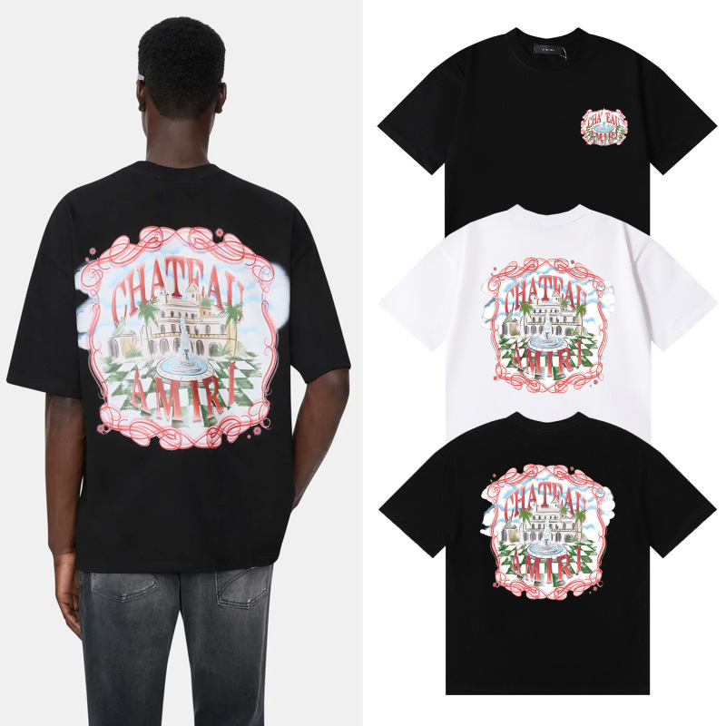 Cross-Border Niche Luxury High-Quality Am Amiri Retro Resin Print Short-Sleeve Unisex Style