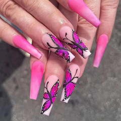 Long ballet-style wearable nails with gradient, smoky finish and matte texture—mysterious butterfly design for cross-border export fake nails