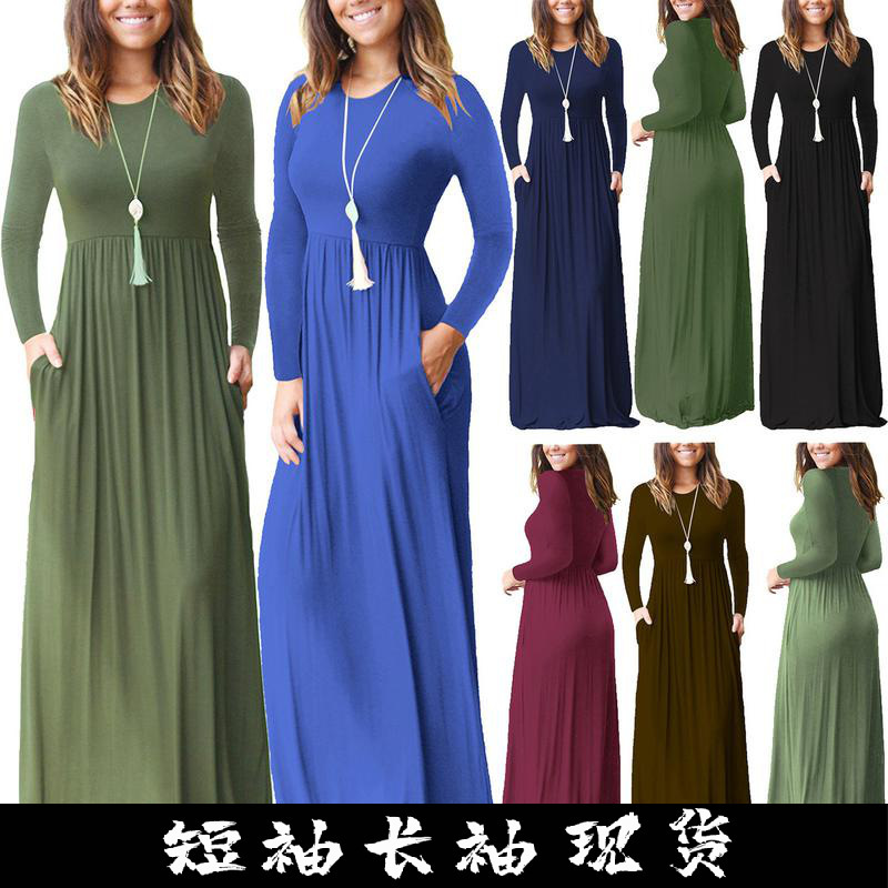 Cross-border European and American foreign trade hot dress wish AliExpress Amazon hot long sleeve elastic waist dress