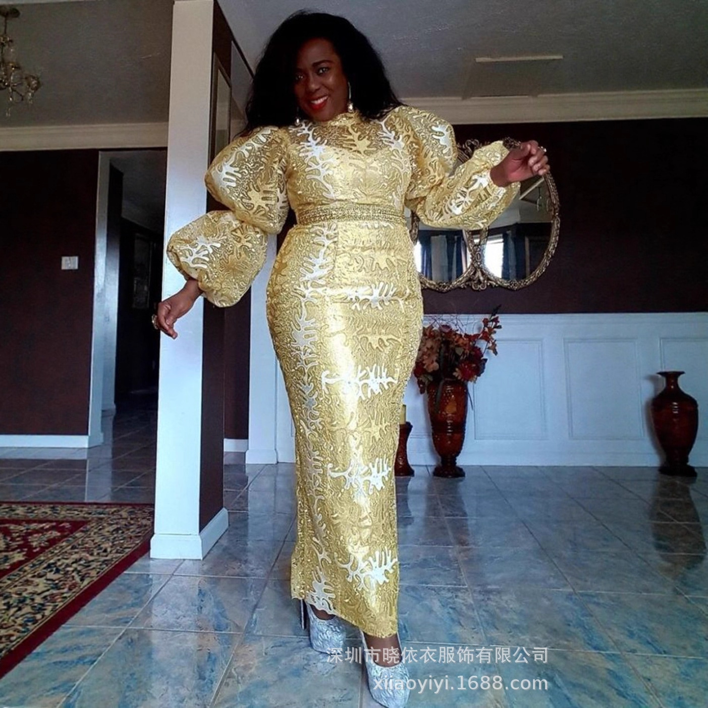 Amazon's new cross-border European and American women's clothing hot-selling elegant commuter foreign trade high-waisted long-sleeved fitted dress maxi skirt