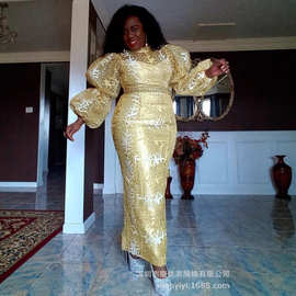 亚马逊跨境欧美新款女装热卖气质通勤外贸高腰长袖收腰连衣裙长裙