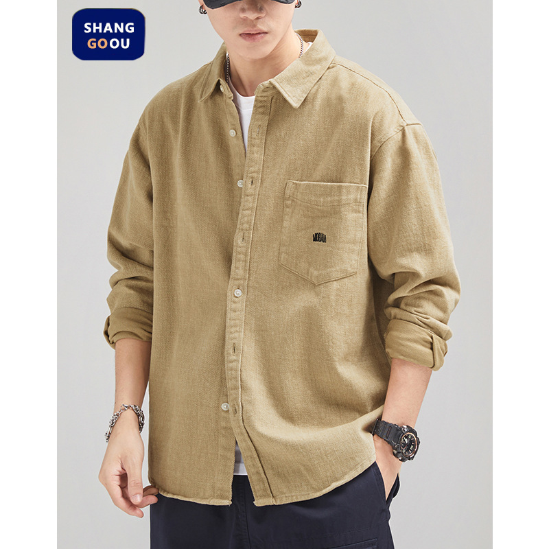 Shanggu Men's Clothing Spring Japanese Style Brushed Cotton Long Sleeve Shirt Men's American Casual Trendy Brand Versatile Turn-Down Collar Pure Cotton Top Shanggu Men's Clothing Spring Japanese Style Brushed Cotton Long Sleeve Shirt Men's American Casual Trendy Brand Versatile Turn-Down Collar Pure Cotton Top