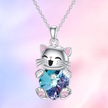 temu跨境新款优雅的心形玻璃可爱的猫吊坠项链欧美女士吊坠批发