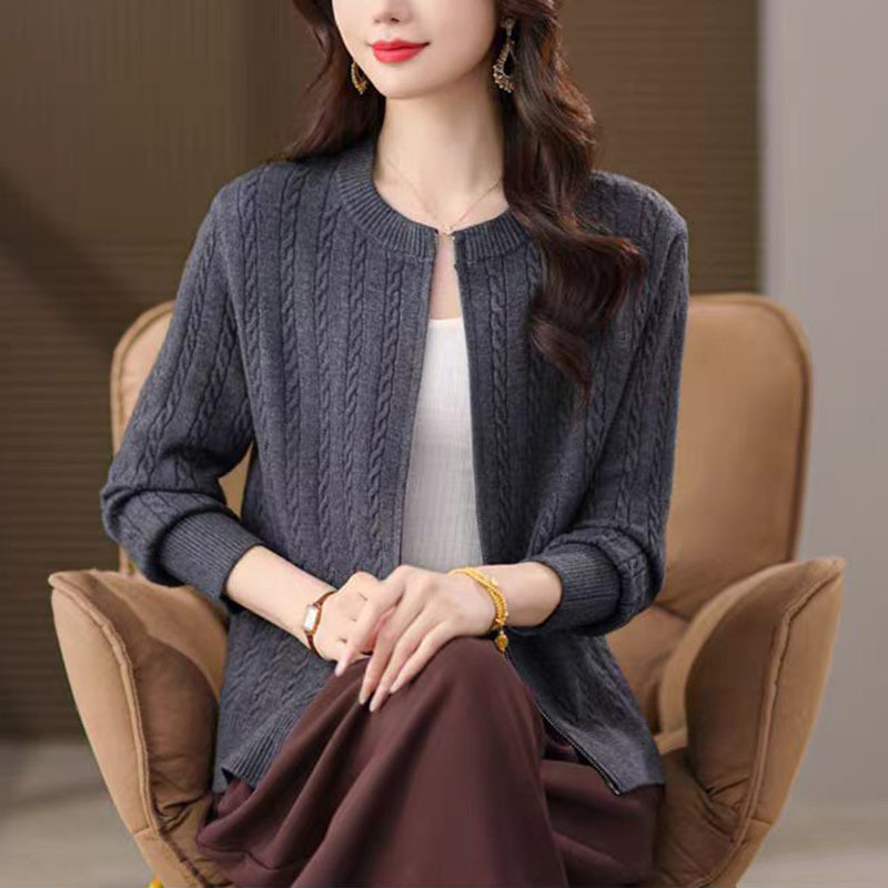Women's Zipper Sweater Jacket 2026 Autumn/Winter New Fashionable Outerwear Aran Pattern Round Neck Knitted Cardigan for Women