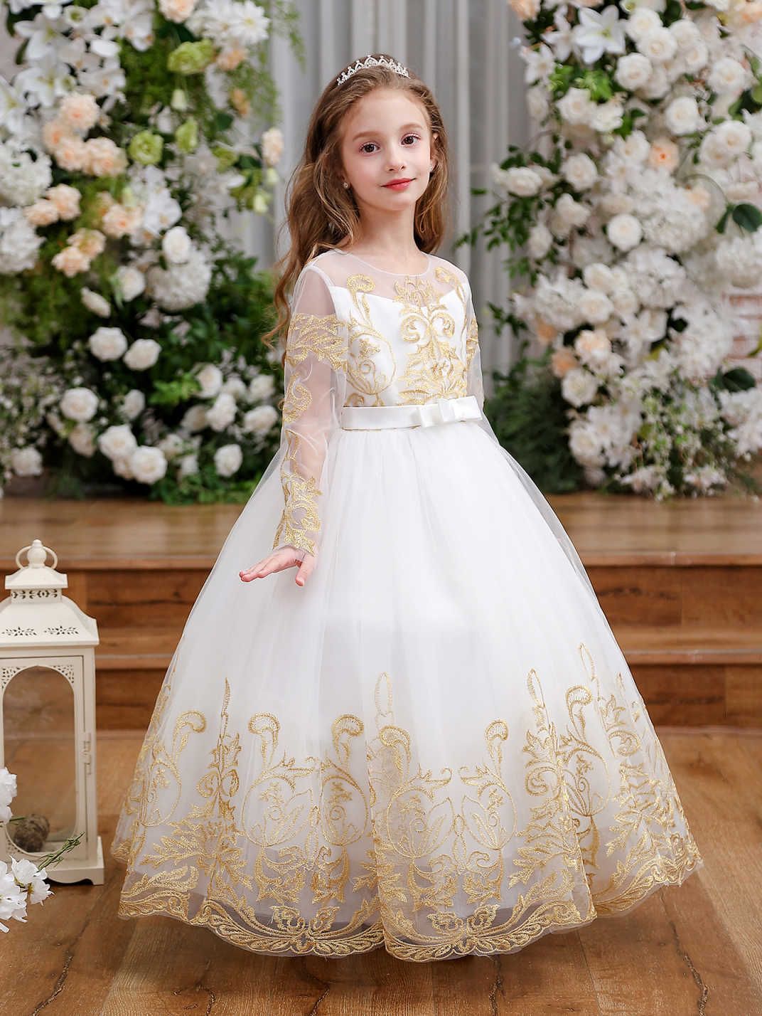 Ropa infantil transfronteriza vestido de bebé princesa de rendimiento de rendimiento de encaje de manga larga vestido de novia de flores