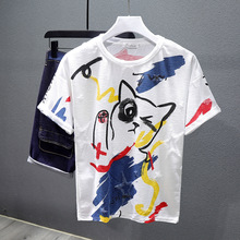 夏潮牌港风卡通猫咪短袖T恤男日系复古个性涂鸦破洞大码半袖体恤