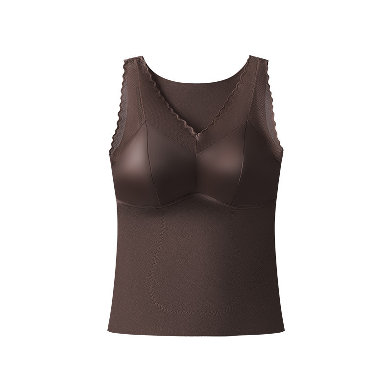 Otoño y invierno satén seda parche chaleco caliente de cuello en V para mujeres con cojín de pecho en una camiseta de estómago cerrada camiseta superior