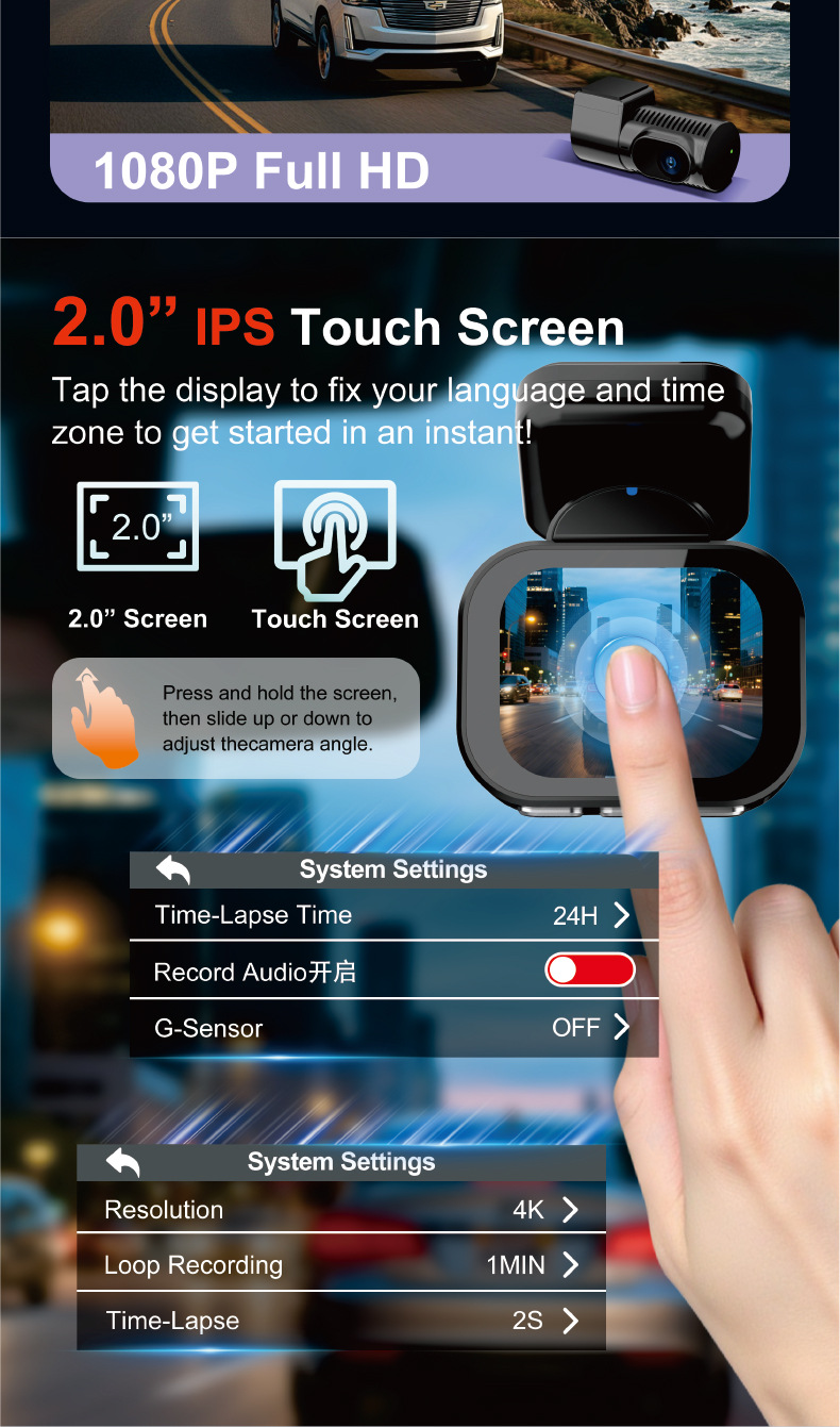 Private model touch screen dashcam cross-border wholesale 4K ultra-high-definition 5G Wi-Fi high-definition dual recording GPS car camera