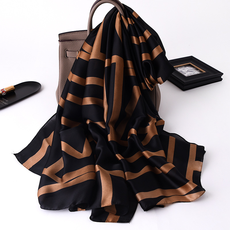 Daily Occasion Satin Material Women's Casual Simple Style Stripe Satin Printing Silk Scarf