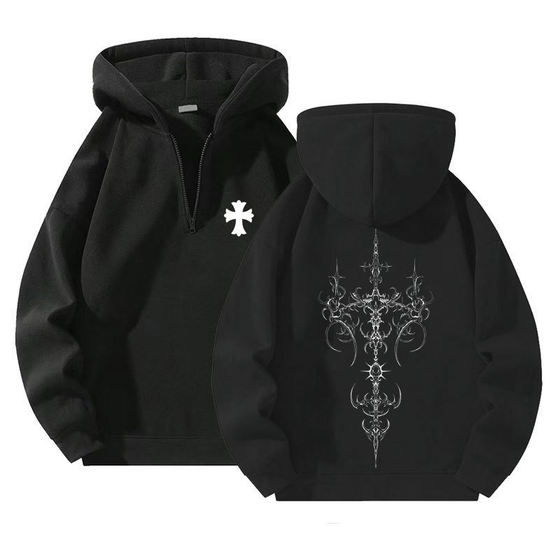 New Autumn Clothing European and American Y2K Printed Hoodie Casual Men's and Women's Wide 1/4 Zipper Loose Hoodie