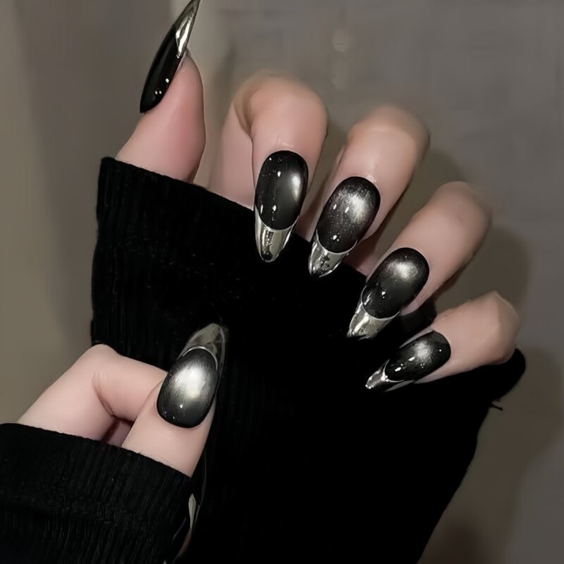 24 Pieces of Silver-Edged French-Style Black Cat-Eye Press-On Nails, Simple Cross-Border Almond-Shaped Nail Tips 24 Pieces of Silver-Edged French-Style Black Cat-Eye Press-On Nails, Simple Cross-Border Almond-Shaped Nail Tips