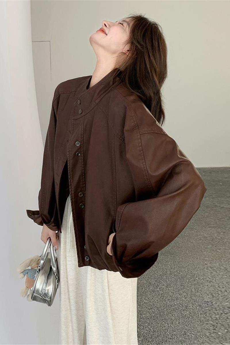 Maillard Coffee-Colored Small Leather Jacket for Women 2025 Spring New High-End Street Style Petite Biker Jacket