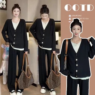 Autumn and Winter New Pregnancy Slimming Fashion Knitted Gold Button Fake Two-piece Sweater Pants suit