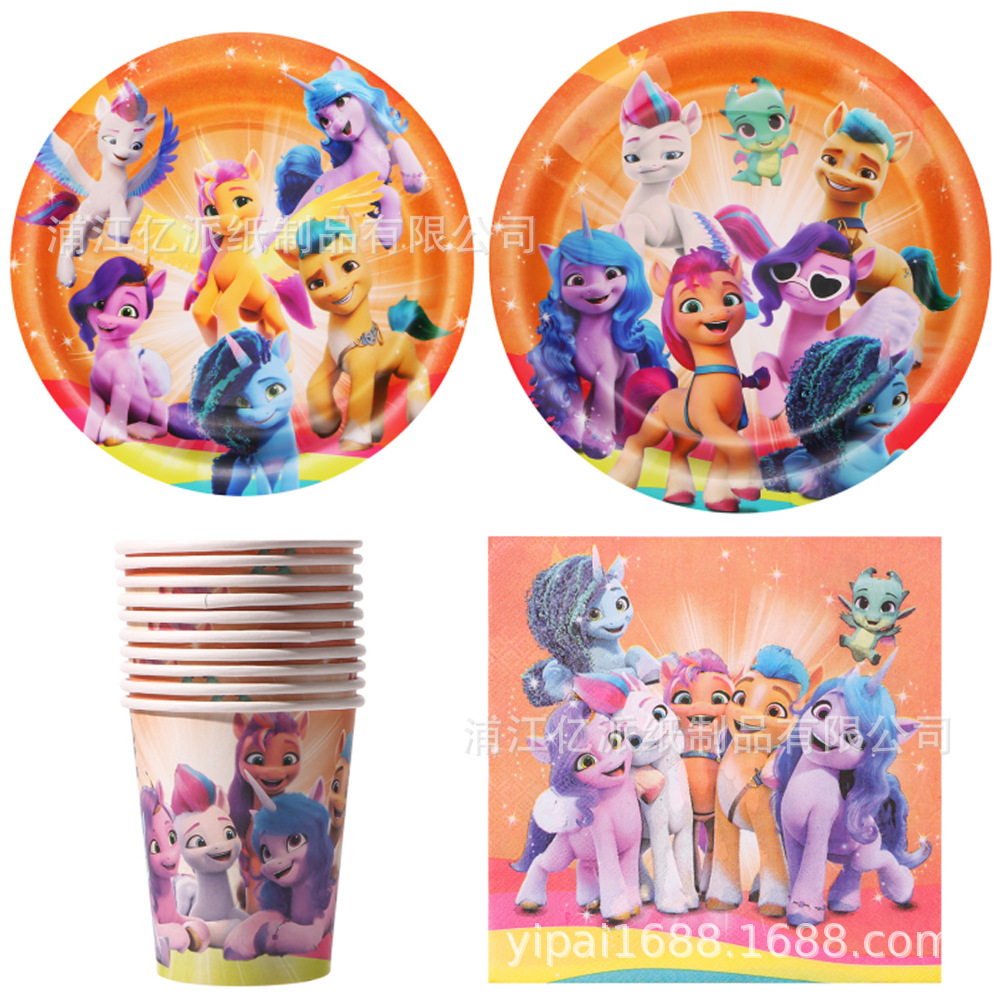 Pony Baoli tema decoración decoración ambiente unicornio fiesta de cumpleaños infantil vasos de papel desechables plato de comedor bandera