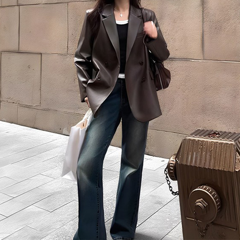 黑色复古皮衣皮西装外套女2025年春秋季设计感宽松休闲西服上衣|undefined