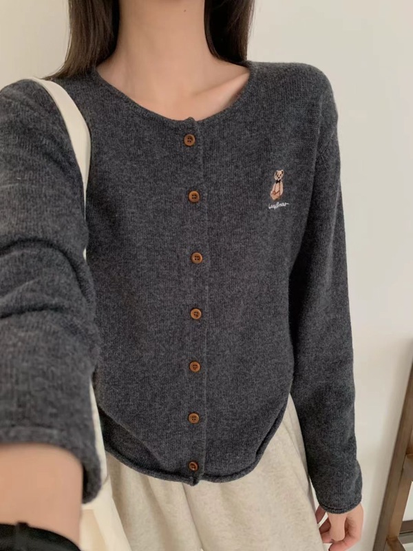 韩系甜美刺绣小熊浣熊绒针织开衫女秋冬新款洋气减龄软糯毛衣外套|undefined