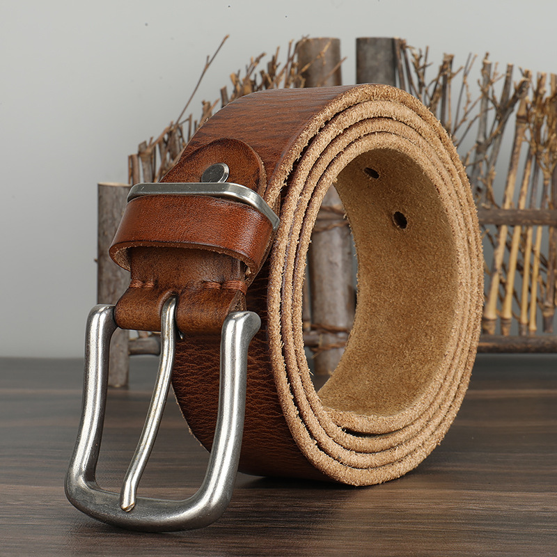 Herren-Vintage-Gürtel aus reinem Rindsleder, einlagig, schlicht, lässig, Nadelverschluss, echtes Ledergürtel, Jeansgürtel für Jugendliche und Studenten