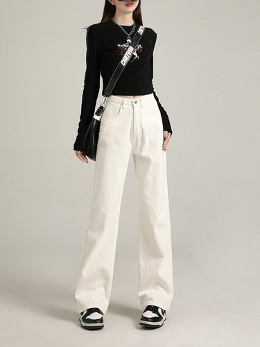 White denim skinny straight-leg pants for women, suitable for spring and autumn, high-waisted, slimming, loose wide-leg pants, trendy