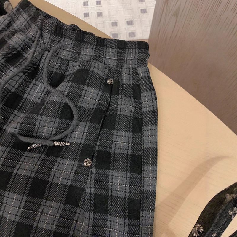 2025秋冬新款皮标磨毛格子休闲裤女高腰显瘦百搭时尚复古直筒长裤|undefined