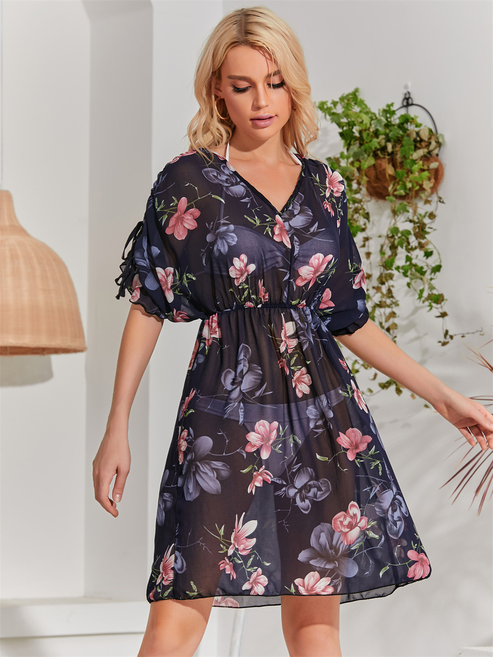 2021亚马逊wish欧美跨境复古碎花印雪纺连衣裙