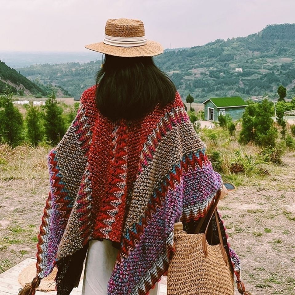 Yunnan estilo étnico Otoño e Invierno de viaje punto mantón té caqui Salt Lake Cape para las mujeres