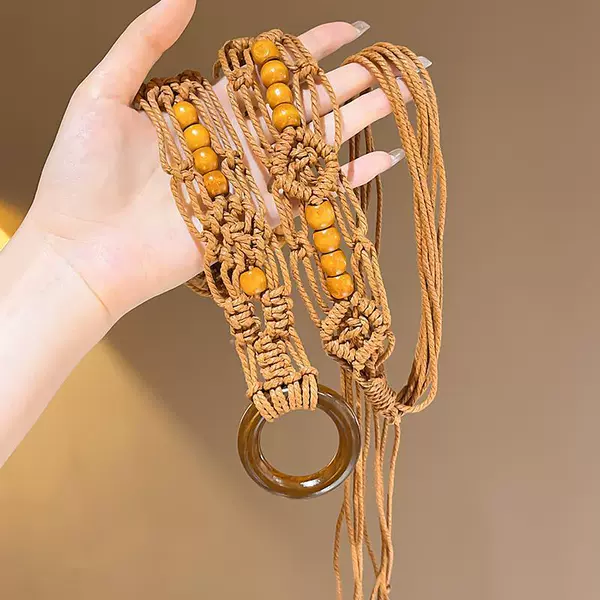 Coffee wood bead tassel braided waist rope-136CM