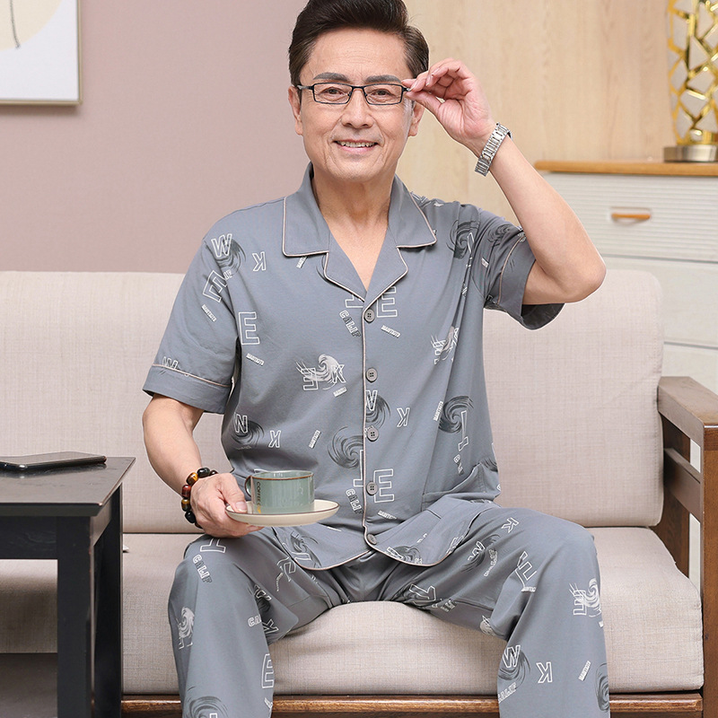 중년 잠옷 남성면 여름 얇은 반팔 중년 아빠의 카디건 바지 세트 복장
