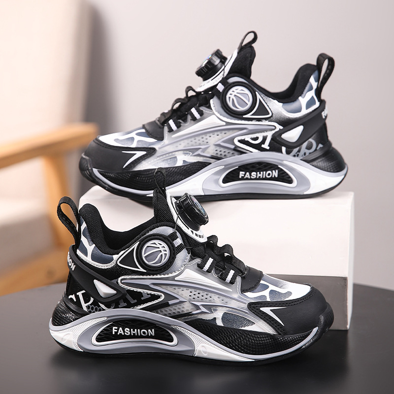 Zapatos de baloncesto para niños Zapatos para correr con botones para niños de mediana edad Primavera y otoño Nuevos zapatos deportivos de cuero impermeables para niños