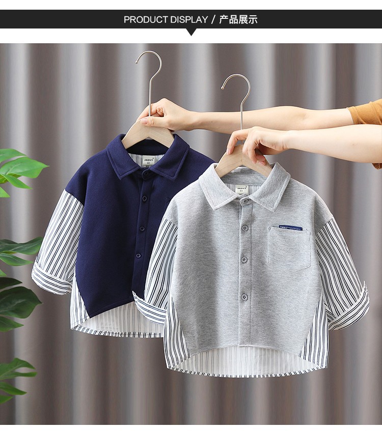 Camisas para niños para primavera y otoño, camisas casuales de manga larga para niños, estilo nuevo 2025, tops modernos con patchwork para bebés varones de otoño.