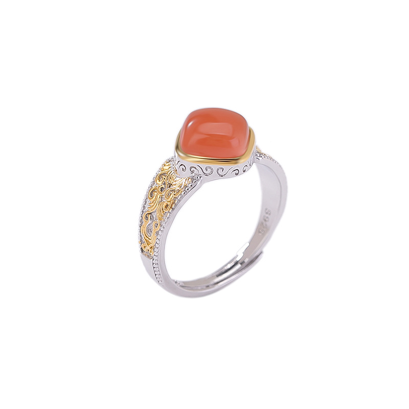 Nhẫn bạc S925 mạ vàng nước đỏ đính ngọc Hòa Điền phong cách retro hình cỏ lau kim cương — Kiểu ngọc bích