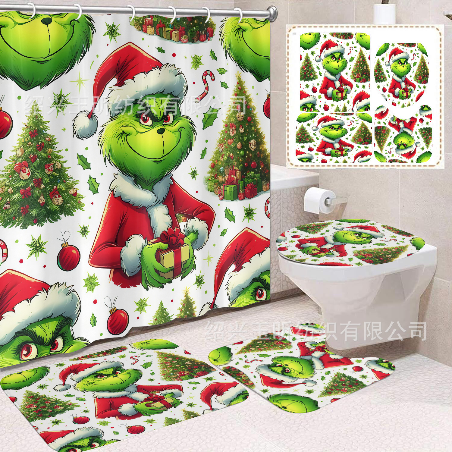 Tela de cortina de ducha transfronteriza, cortina de ducha impermeable, alfombra antideslizante de baño, juego de Grinch 4 de pelo verde al por mayor, sin perforación