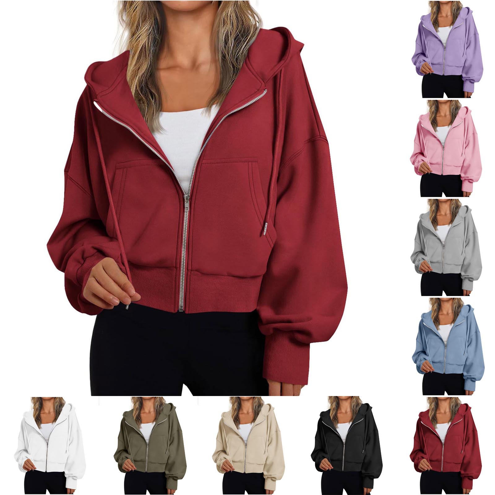 2024 Women's Autumn and Winter Long Sleeve Hooded Zipper Solid Color Loose Hooded Jacket