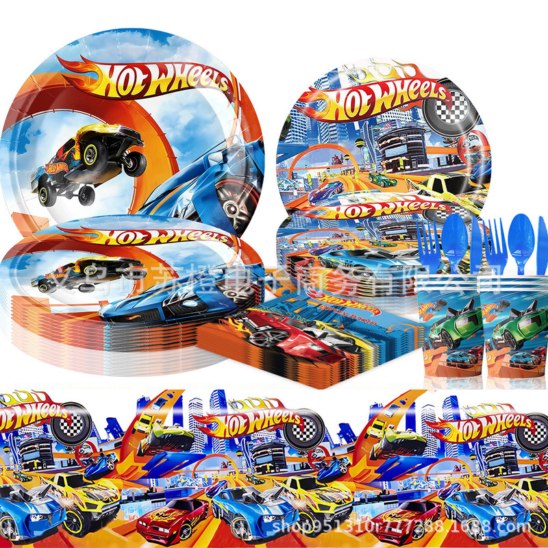 Hot Wheels Car Theme Birthday Party Tableware Disposable Paper Tray Paper Cup Paper Towel Flag Balloon Decoration suit