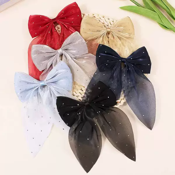 Korean Fashion High-End Handmade Pearlescent Yarn with Rhinestones, Transparent Mesh Bow Hair Clip·Hair Accessories and Headwear