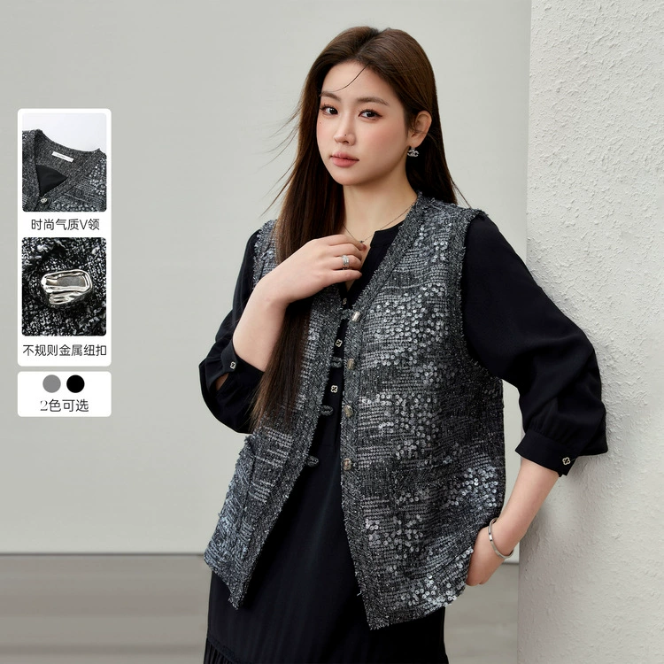 [Французские ретро легкие роскошные блестки модные дикие жилет] Funny Show большой размер женский толстый mm2025 весенний новый