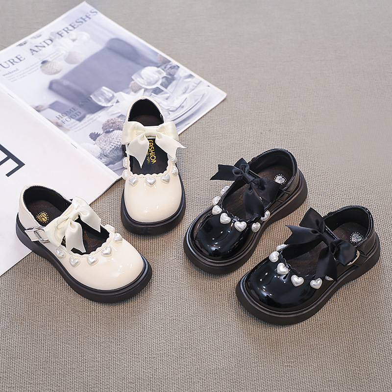 Zapatos de princesa de arco de niña espectáculo de zapatos de cuero negro de primavera y otoño de 2025 chicas amor Mary zapatos de moda rara