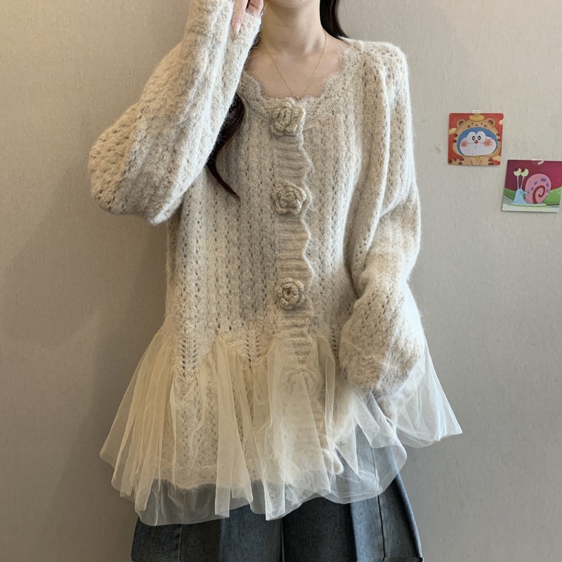 立体花朵长袖针织衫毛衣女春秋新款大码胖显瘦法式网纱拼接上衣|undefined