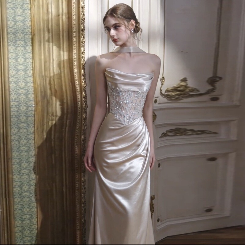 Evening Gown for Women, Mermaid Style, French-Style Strapless, High-End Luxury, Suitable for Banquets, Hosts, Engagements, Weddings, and Toasting Ceremonies, Bridal Attire