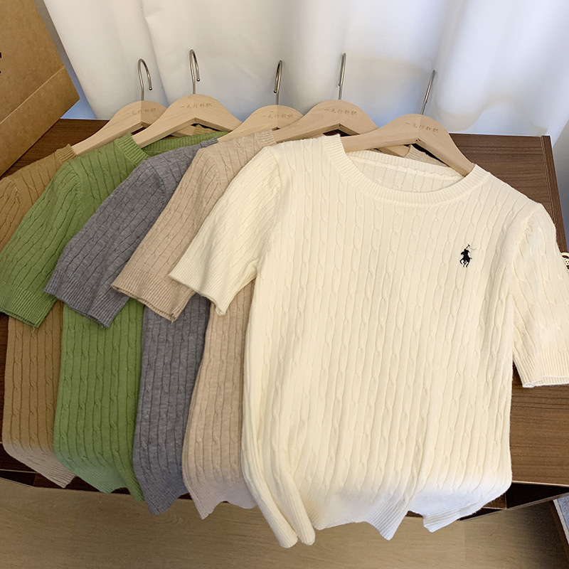 Soft and Skin-Friendly Twisted Pony Embroidered Twisted Knitwear Women's Short-Sleeved Spring and Summer Breathable Cotton Yarn Retro Versatile Top